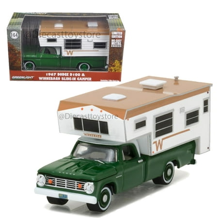 GREENLIGHT 1:64 HOBBY EXCLUSIVE - 1967 DODGE D100 LONG BED WITH WINNEBAGO SLIDE-IN CAMPER DIECAST GREEN (Best Light Weight Campers)