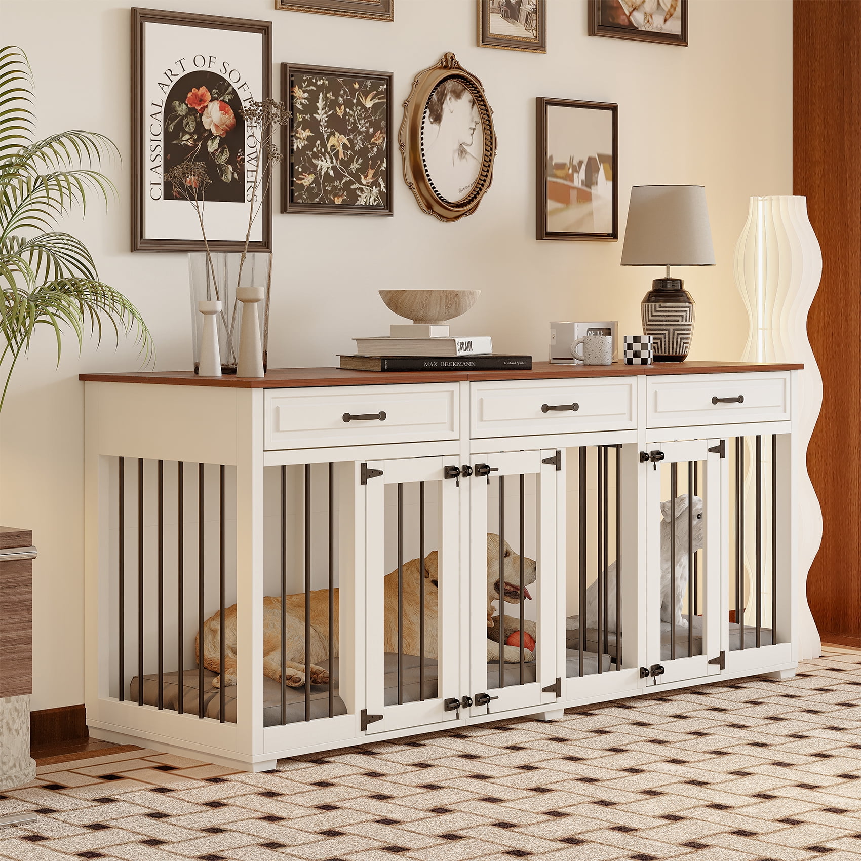 Jenser Multi-Functional 3-Door 72" Wooden Furniture Style Crate for Dogs with 2 Dividers