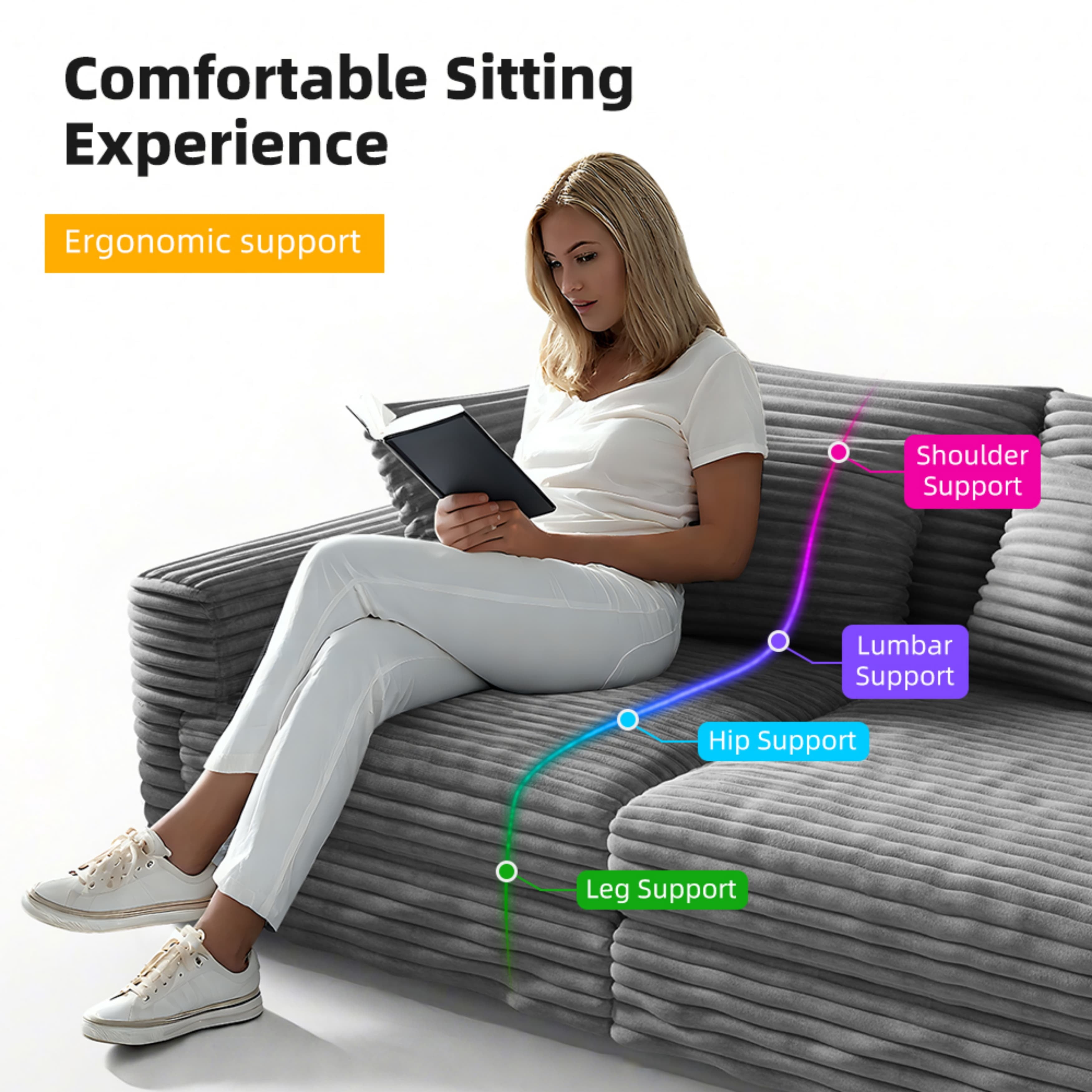 Alvantor 4-Seat Sofa with 3 Movable Ottomans 102" W Corduroy Upholstered Deep Seat Couches Convertible Chaise for Living Room, Apartment Grey