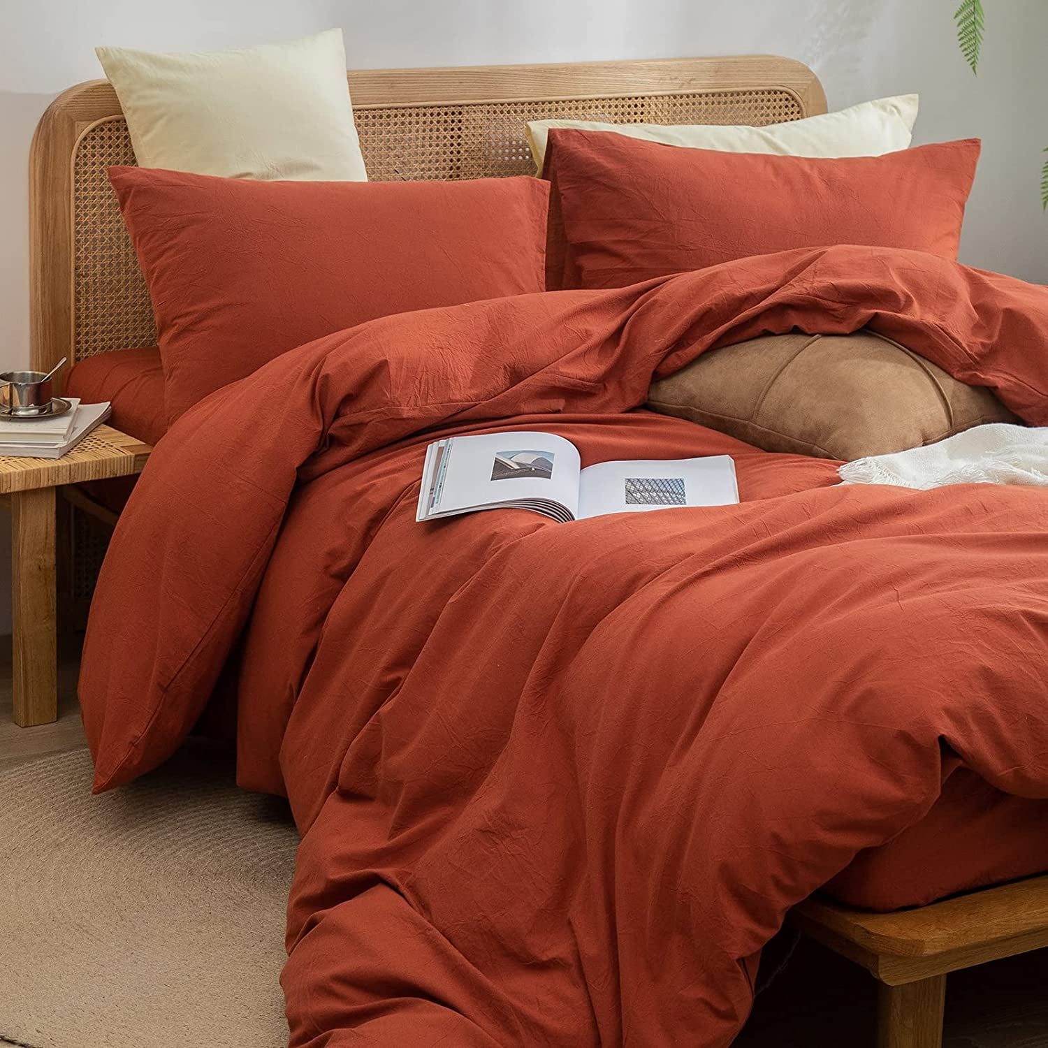 BESTOUCH Duvet Cover Set Full 100% Washed Cotton Linen Feel Soft Chic Lightweight 3Pcs (Burnt Brick Red, 80"x90")