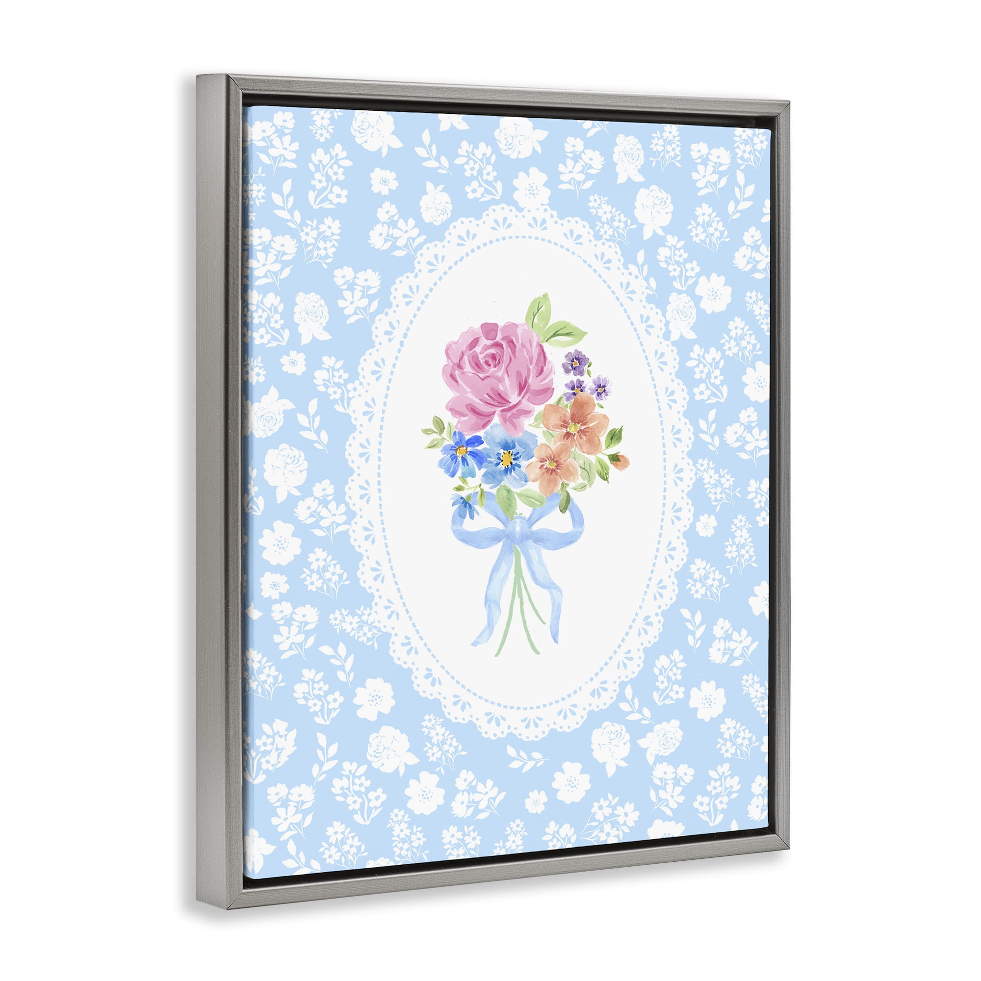Stupell Industries Blue Feminine Bouquet Gray Framed Floater Canvas Wall Art, design by Corinne Haig
