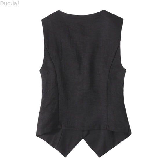 DuoJiaJ Womens Cotton Linen Suit Vest Summer Casual Sleeveless Button Down Tank Tops Black L
