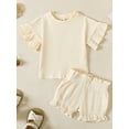 thumbnail image 3 of Musuos Toddler Girl Summer Outfit 3 6 12 18 24Months 3Years Ribbed Crew Neck Short Sleeve T-Shirts and Elastic Shorts 2Pcs Set, 3 of 10