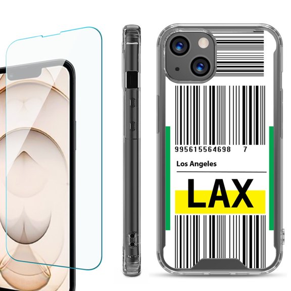 Shockproof Bumper Phone Case for iPhone 13, with Tempered Glass Screen Protector, by OneToughShield ® - Airport Tag / Los Angeles