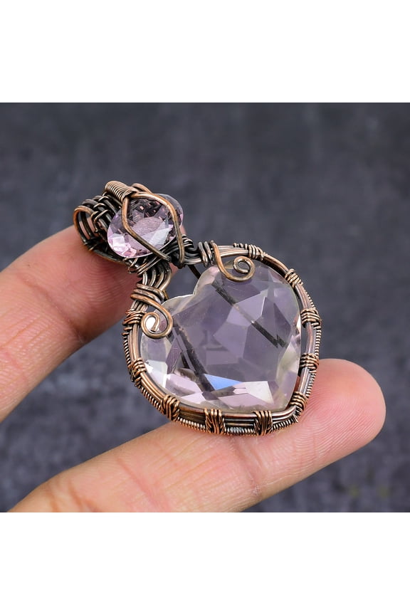 Natural Kunzite Gemstone Handmade Copper Wire Wrap Pendant Jewelry 2.09"