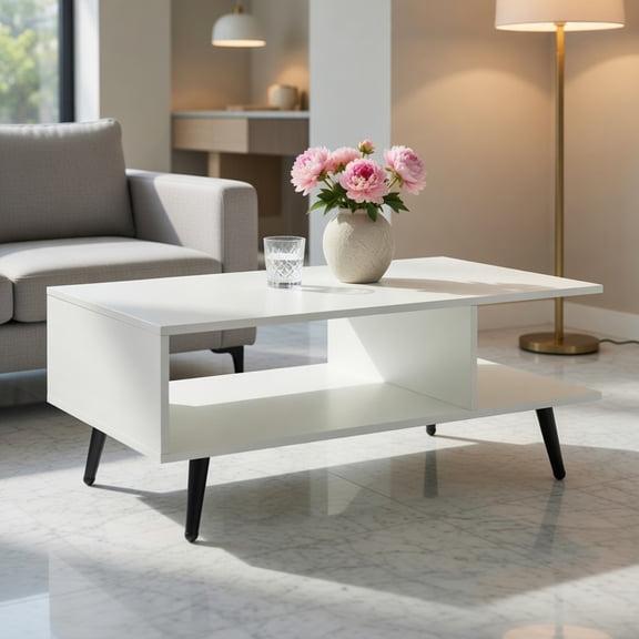 Spaco Mid-Century Modern 2-Tier Rectangular Coffee Table, 2 Open Storage Compartments, Tapered Metal Legs, White