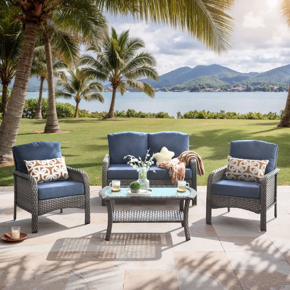 ODELIO 4-Piece Patio Furniture Set, Outdoor Wicker Conversation Set with Coffee Table, High Back PE Rattan Patio Sofa Seating Set with Thick Cushions for Porch, Denim Blue