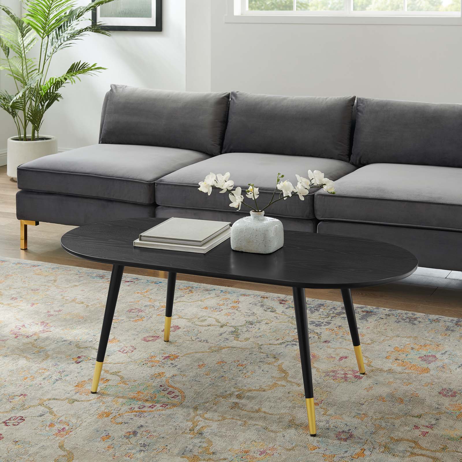 Modway MidCentury Oval Metal Coffee Table with Adjustable, Black/Gold