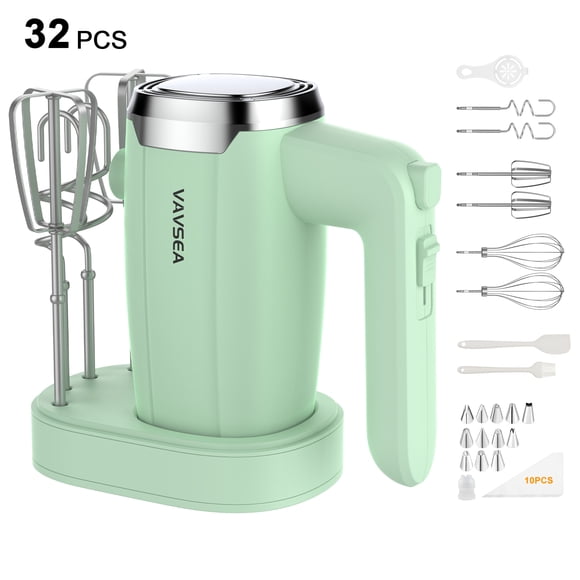 VAVSEA Batteur à Main Électrique 500 W avec 5 Vitesses et 32 Accessoires, Batteur à Main Comprend 2 Fouets, 2 Crochets à Pâte, 2 Fouets, Trousse de Décoration de Gâteaux avec Base de Rangement, Neuf, Vert