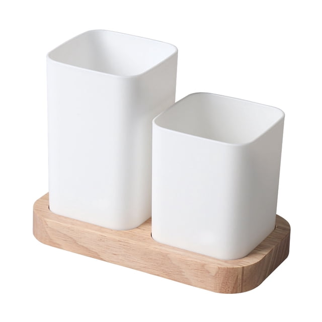 Organisateurs d'Ustensiles de Cuisine Caddy Organisateurs de Couverts avec Base en Bois Grande Capacité Compartiment Rangement Grande Ouverture Design Caddy d'Ustensiles de Cuisine 2 Compartiments