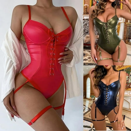

Women s Ladies Fashion Sexy Patent Leather Bodysuit Backless One-piece Lingerie Red