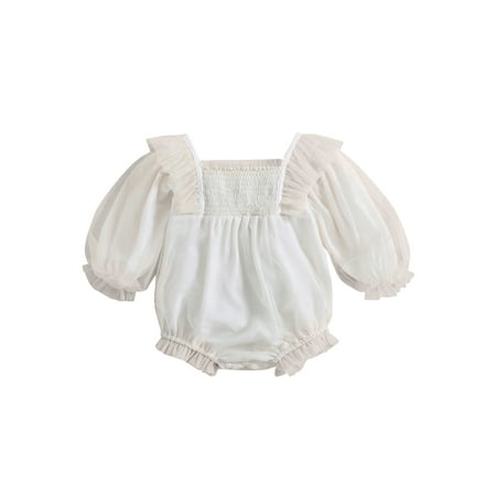

Acuteok Baby Girl Fall Romper Ruffle Long Sleeve Square Neck Solid Color Mesh Bodysuit Newborn Playsuit