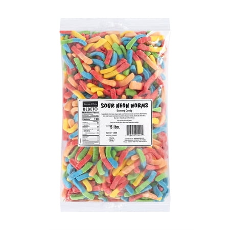Kervan Candy Bebeto Sour Neon Worm Gummies - Fruity, Soft & Sour Gummy Candy Bulk for Kids, Gift Snacks and Parties - Sour Candy Worms Party Size Bag (5 lbs)