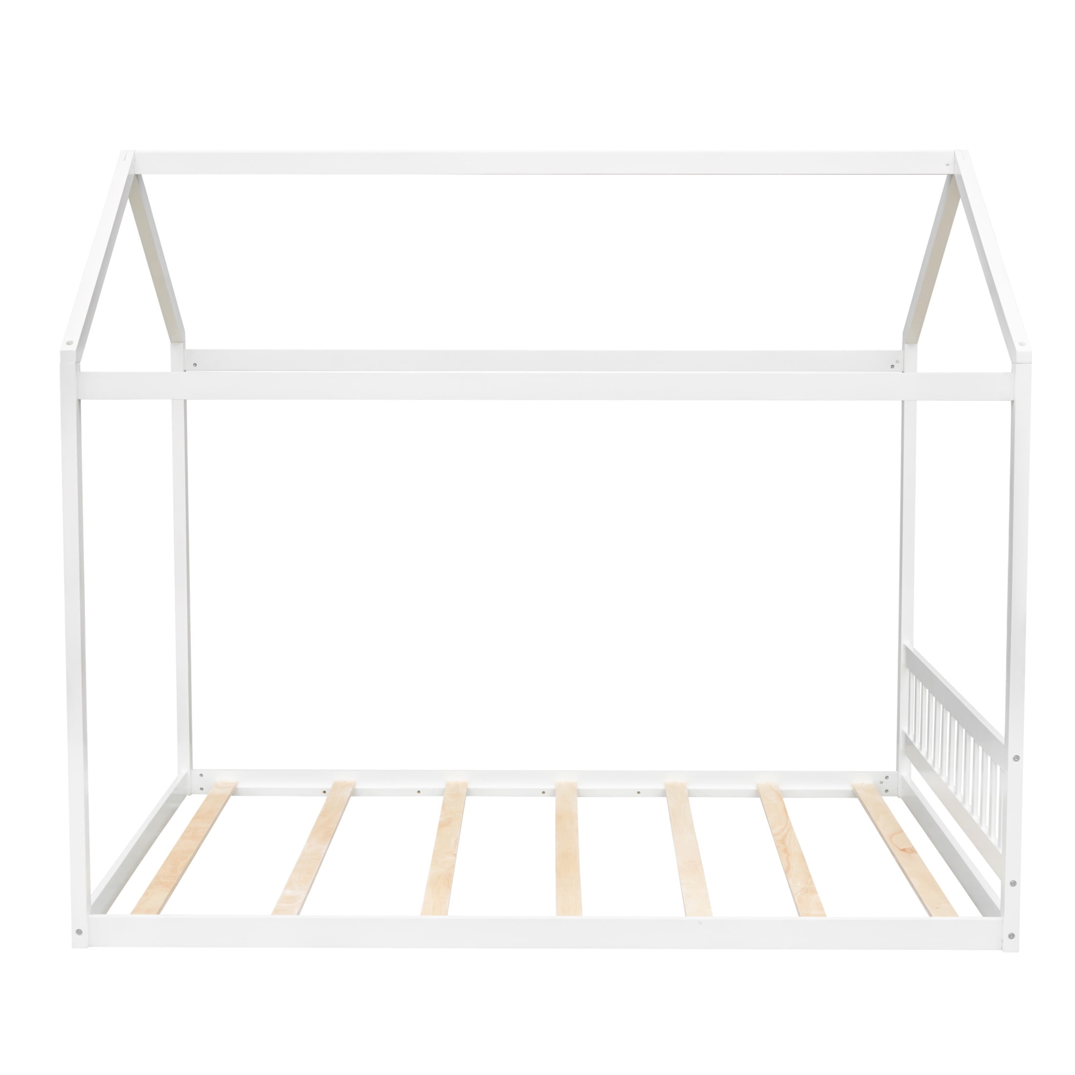 Noble House Queen Wooden House Bed, High-Capacity Pine Wood Frame with Headboard, Minimal Design, White