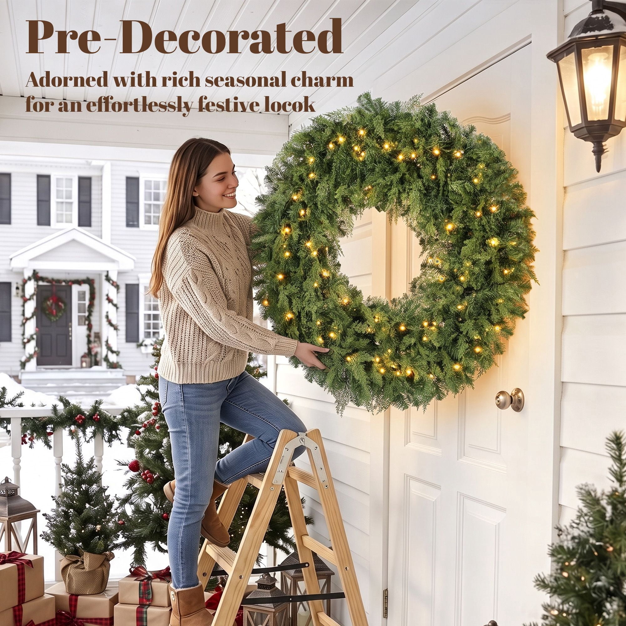 Pre-Lit Artificial Christmas Wreath, 48 in Cedar Design with 150 Warm White LED Lights, 8 Modes, 550 Tips, Indoor and Covered Outdoor Use