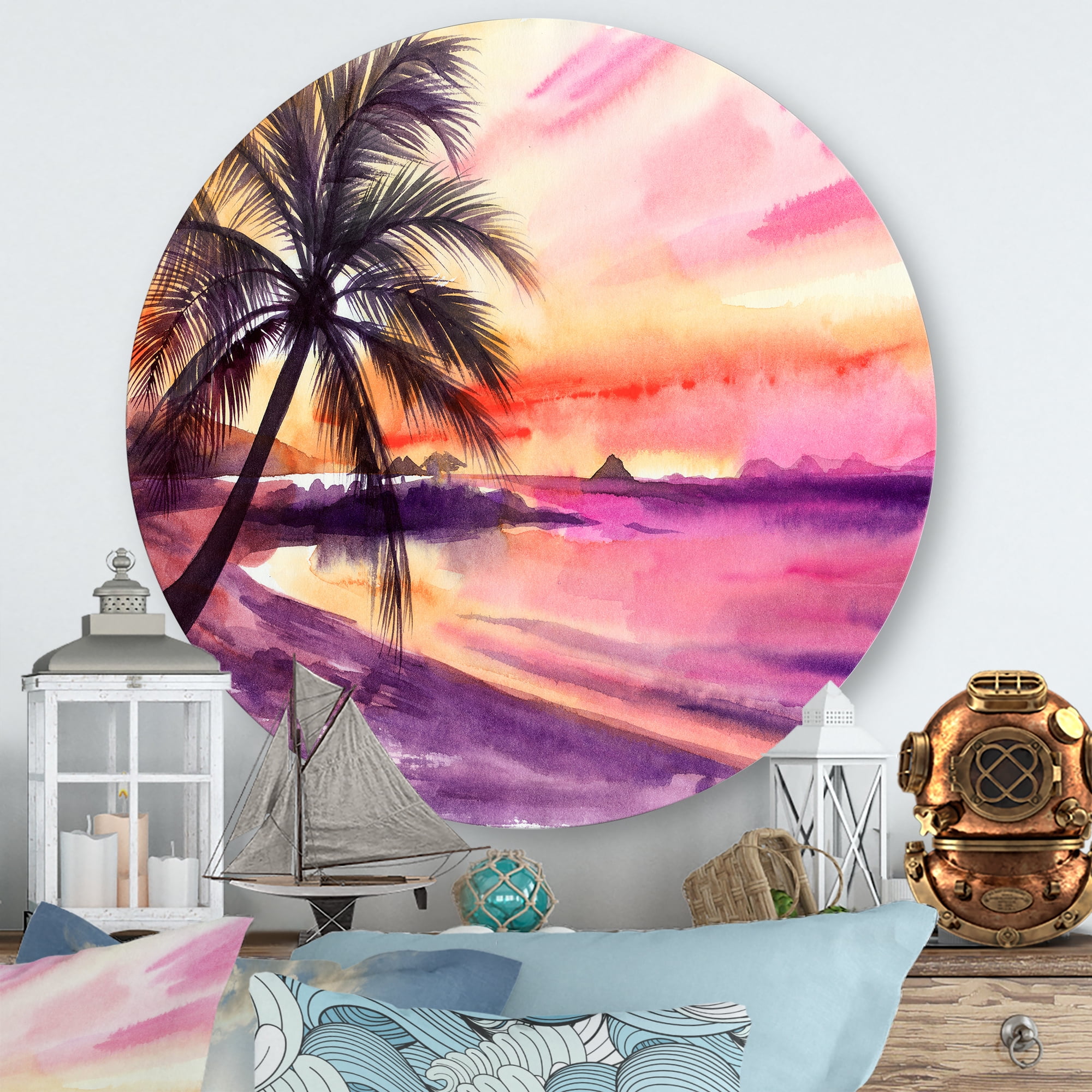 Purple and Pink Palm Beach Sunset 11 in x 11 in Painting Art Prints, by Designart