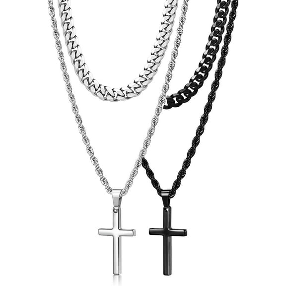 4Pcs Cross Necklace for Men,Stainless Steel Chains for Men Layered Necklaces Silver Gold Black Pendant Jewelry Box Gifts 18-24 Inches