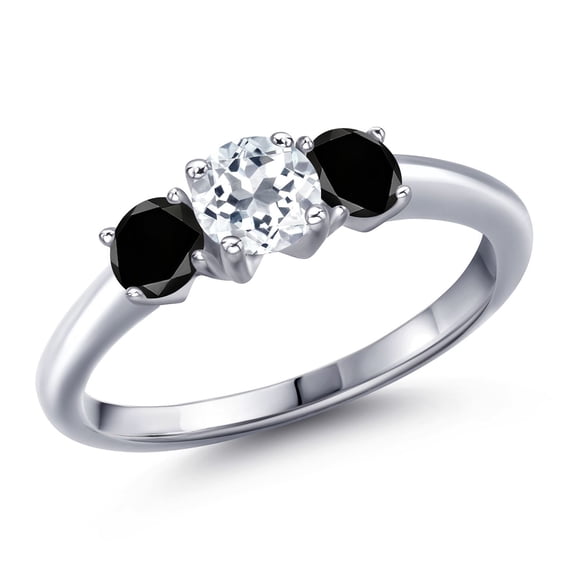 Gem Stone King 925 Sterling Silver White Topaz and Black Diamond Engagement Ring for Women | 1.14 Cttw | Round 5MM | Gemstone November Birthstone | Size 6