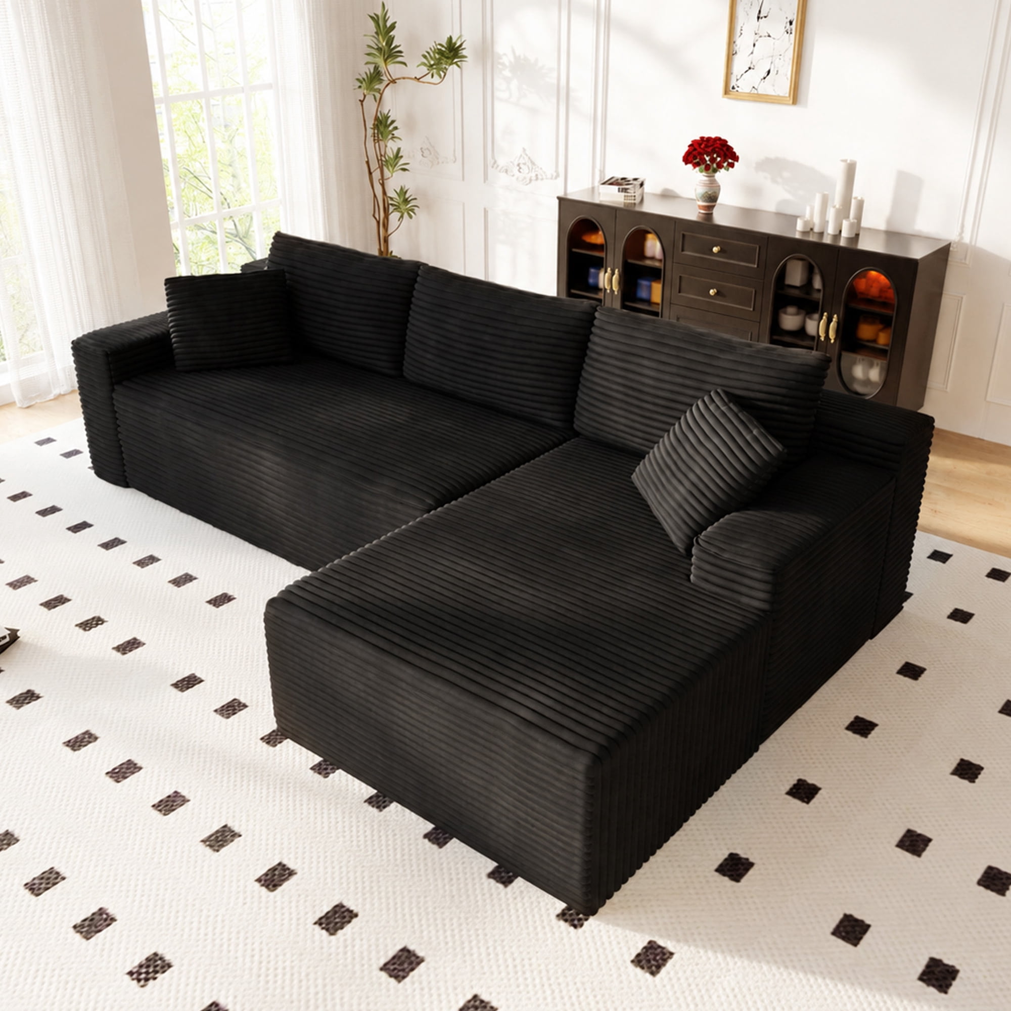 Lunale 105" Modular L-Shaped Sectional Sofa, Boneless Cloud Couch, No Assembly Required, Modern Deep Seat Corduroy Sofa for Living Room, Black (Right Facing Chaise)