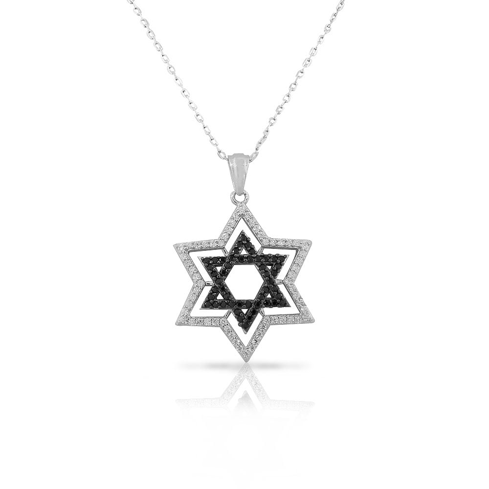 925 Sterling Silver Jewish Star of David Black White CZ Pendant