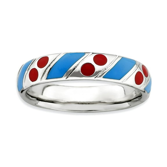 925 Sterling Silver Stackable Polished Blue Red Enameled Ring Size 5 Stackable Ring for Women