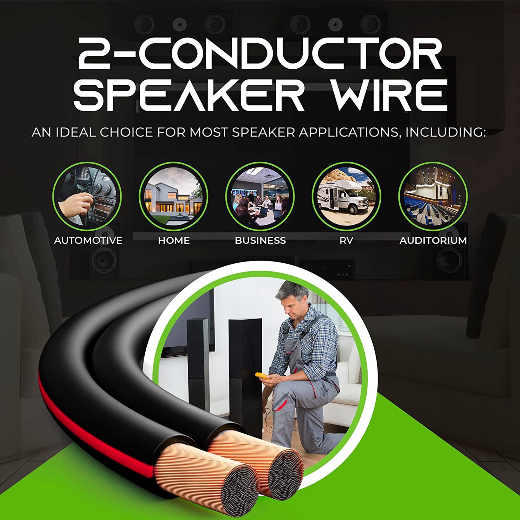 GearIT Pro Series Copper Clad Aluminum 16/2 16awg Home Theater & Car Audio Speaker Wire, 2 conductor Cable, Black 500ft