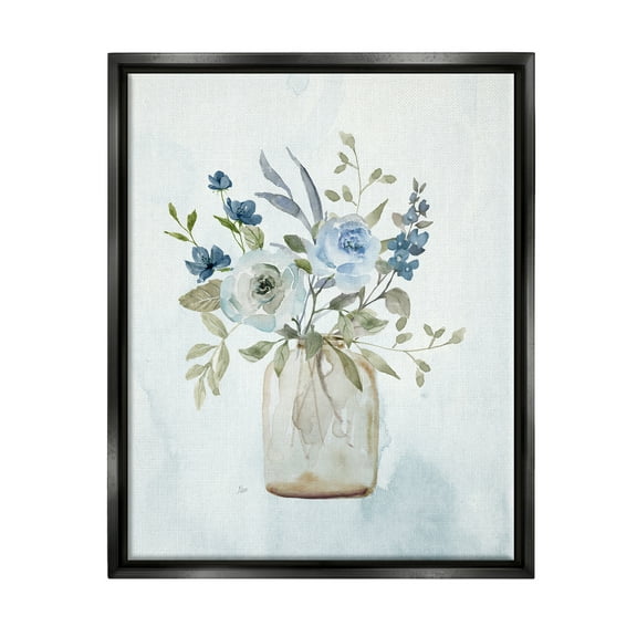 Stupell Industries Blue Bouquet in Jar Botanical & Floral Painting Black Floater Framed Canvas Art Print Wall Art, 17 x 21