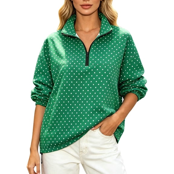 Sewkxo Womens Polka Dot Jackets Half-Zip Windbreaker Jacket Stand Collar Drawstring Hem Outerwear Trendy Casual Coats,Green S