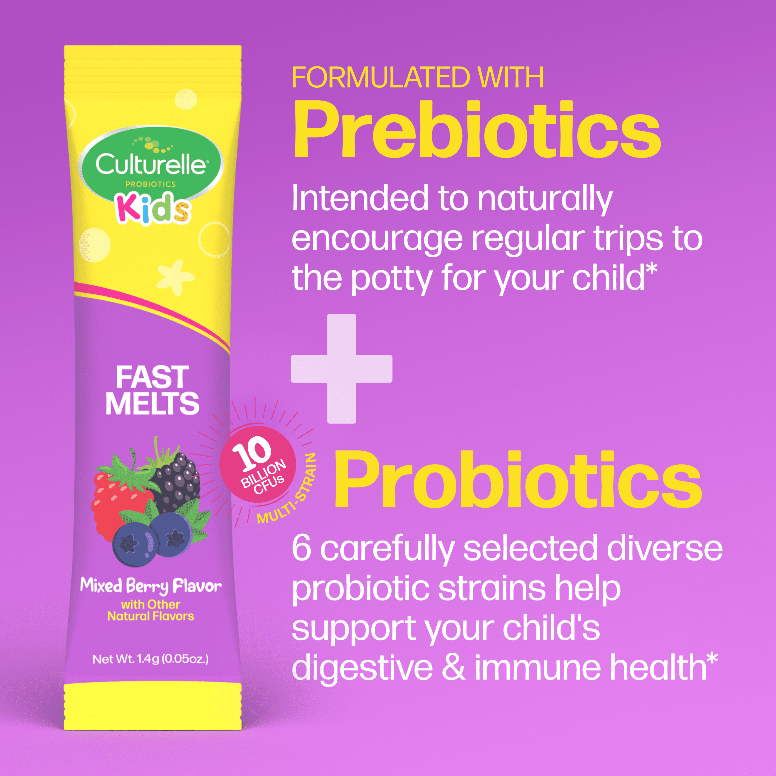 Culturelle Probiotics Kids Complete Probiotics Fast Melts Daily Supplement, Immunity & Digestion Support for Children, Mixed Berry Flavor, 30 Packets