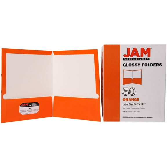 JAM Paper Glossy Two Pocket Folders, Orange, 50 per Pack