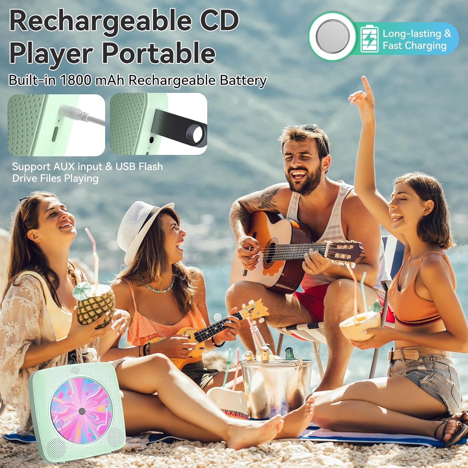 CD Player Portable Bluetooth Rechargeable: CD Players for Home with 1800mAh Kegaudio Desktop Wall CD Player with Speakers with Dust Cover LCD Screen Display FM Radio USB AUX Jack Remote Control