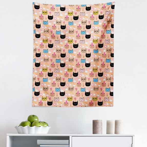 Kittens Tapestry, Cat Faces with Ice Cream Rainbow Clouds and Hearts Cartoonish Repetition, Fabric Wall Hanging Decor for Bedroom Living Room Dorm, 5 Sizes, Peach and Multicolor, by Ambesonne