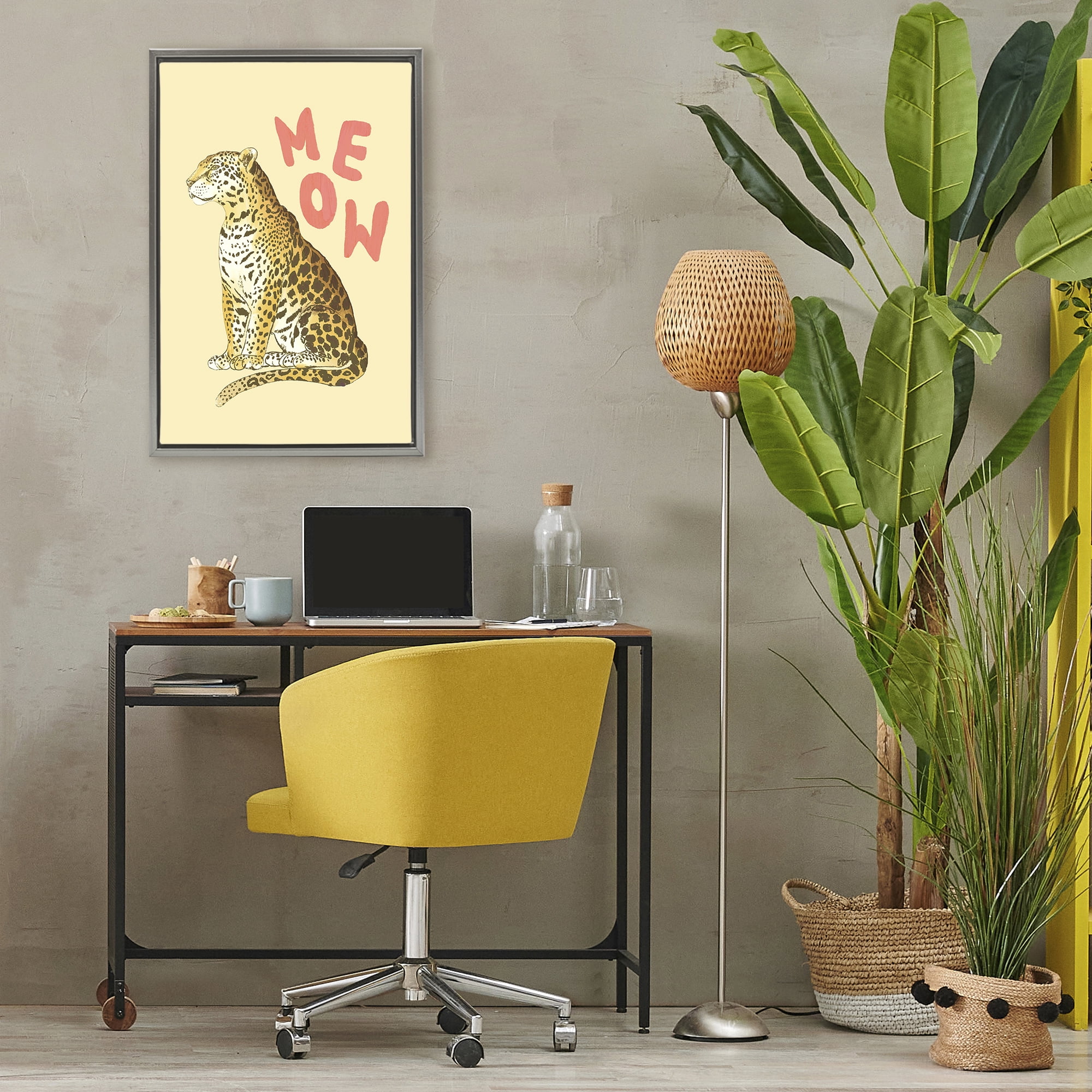 Stupell Industries Meow Leopard on Yellow Gray Framed Floater Canvas Wall Art, design by Florentina Dolci