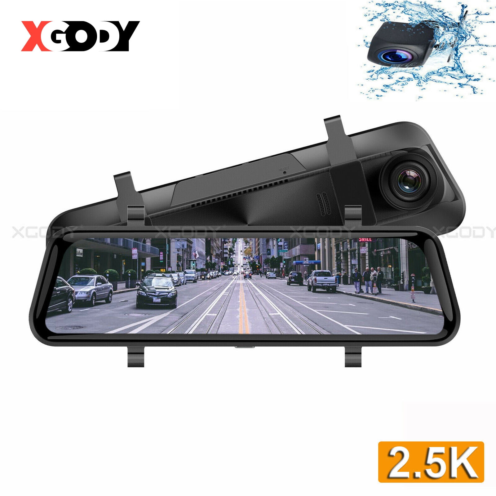 XGODY Car Dash Cam 2.5K Car DVR Dual Lens Rear Mirror Camera Loop Recording Auto On/Off (10 inch