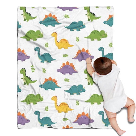 White Cartoon Dinosaurs Leaves Pattern Blanket,Comfortable Soft Flannel Throw Blanket,All Season,Warm Lightweight Blankets for Sofa Bed Couch Living Room Chair,30"x40"