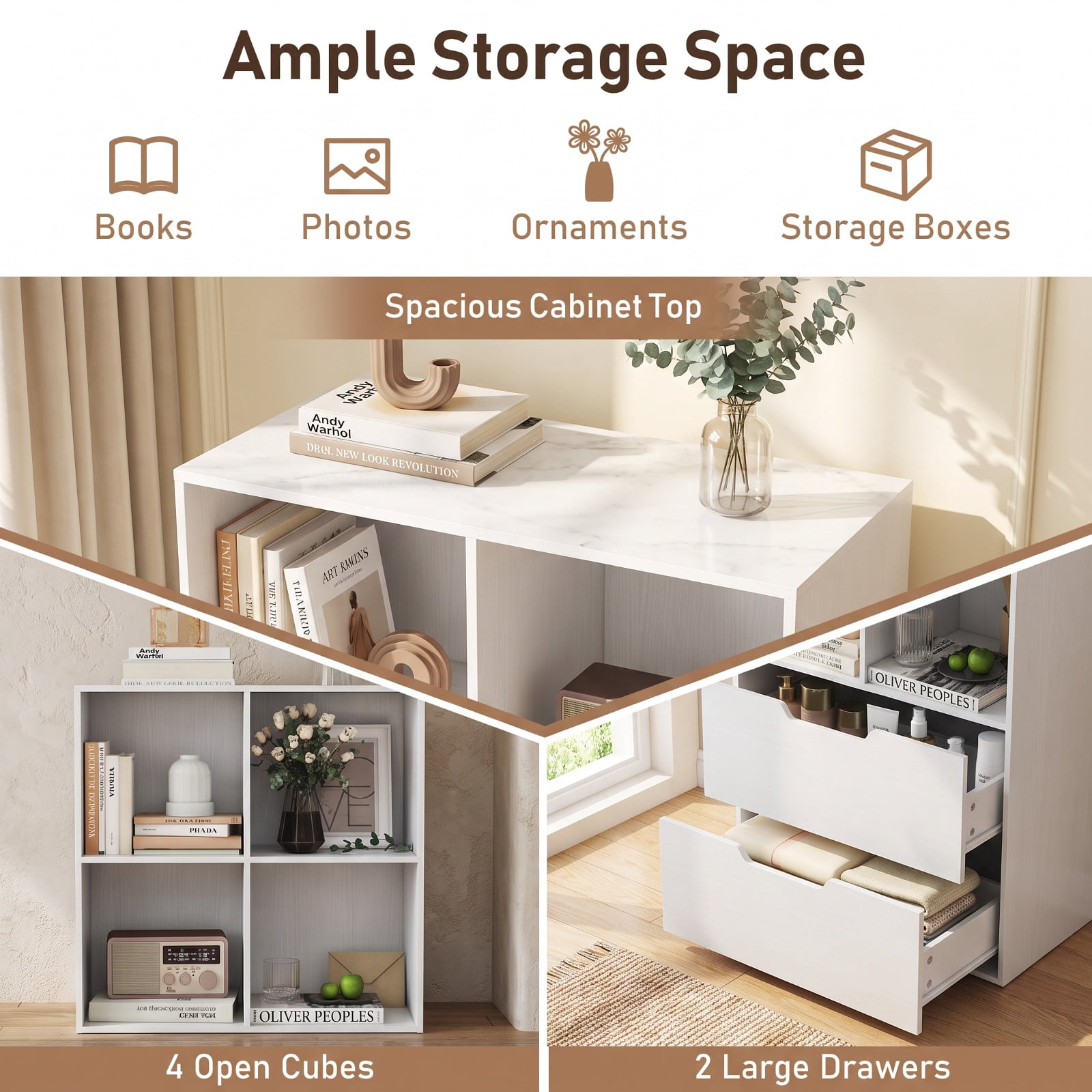 Furnibear 4-Cube Bookcase with 2 Drawers 51 inch 5-Tier Tall Freestanding Bookshelf for Living Room Home Office Bedroom Display Storage Shelf, White