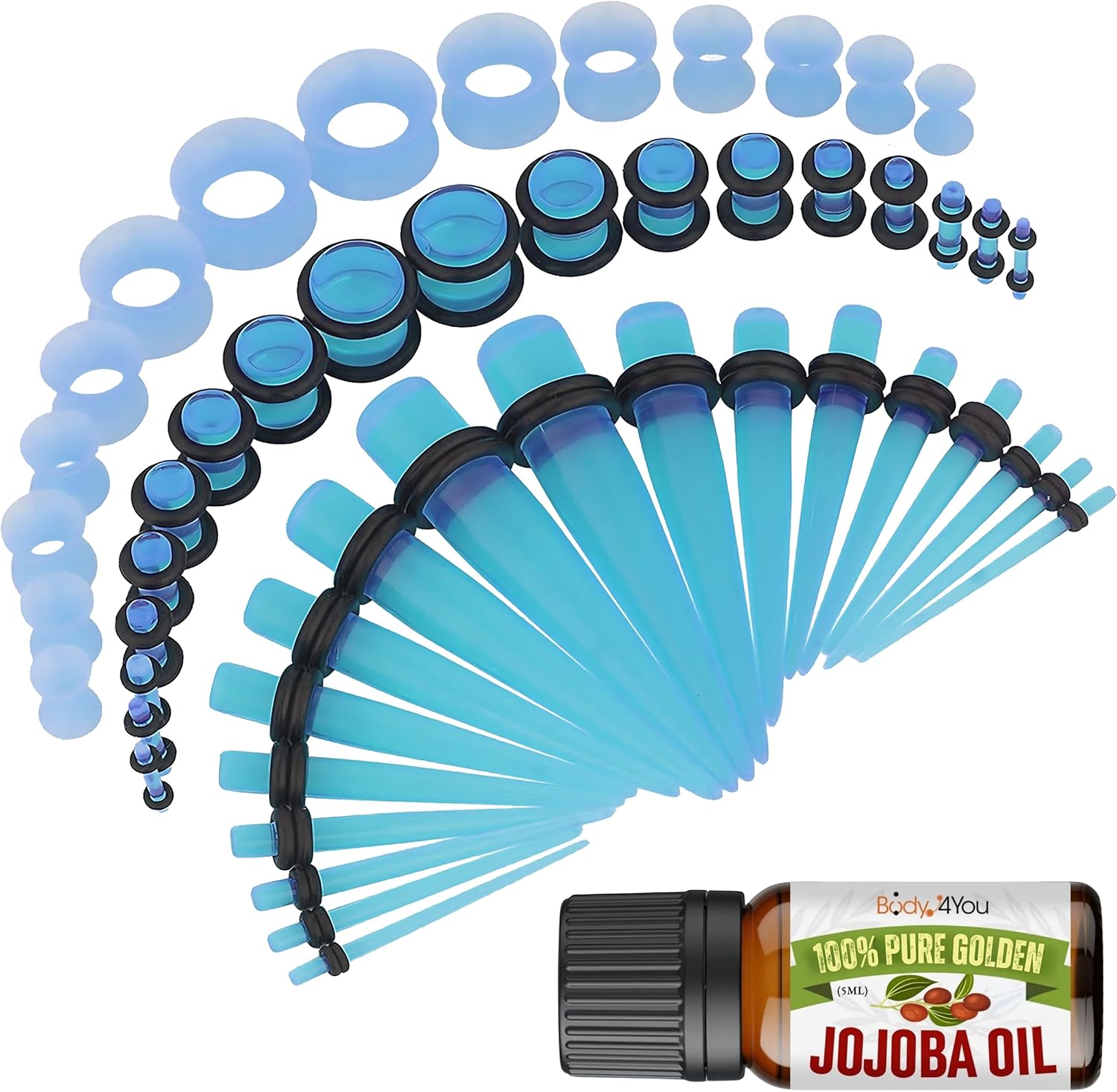 BodyJ4You 54PC Ear Gauge Stretching Kit - Gauges Ears 14G-12mm Starter Set - Jojoba Oil - Transparent Aqua Acrylic Tapers Plugs Silicone Tunnels - Dead Stretching Lobe Beginner Men Women Expander