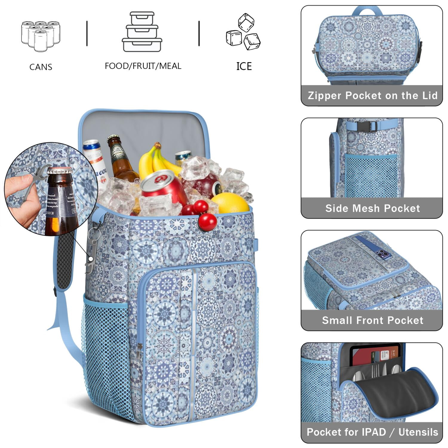 Travel Cooler Bag - Boho Bohemia Flower Camping Beer Cooler Backpack with Bottle Opener- Waterproof Insulated Picnic Backpacks - Cooler Bag for Beach
