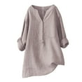thumbnail image 3 of Linen Shirt for Women Casual Dressy Blouse Tees Shirt Blouse Button Down Shirts Breathable Tops Casual Tunic Tops Gauze Short Sleeve V Neck Blouses Cotton Linen Blouses Hemp Clothes Khaki 4XL, 3 of 3