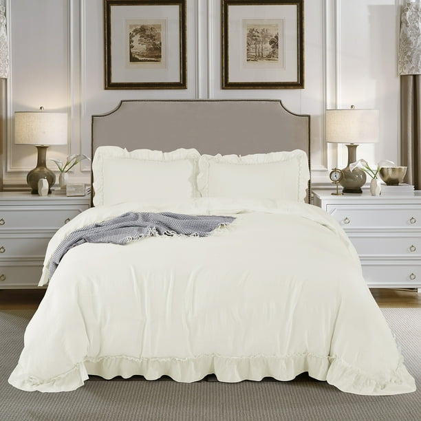 Homechoice 3Piece Prewashed King Ivory Duvet Cover Set with Rustic