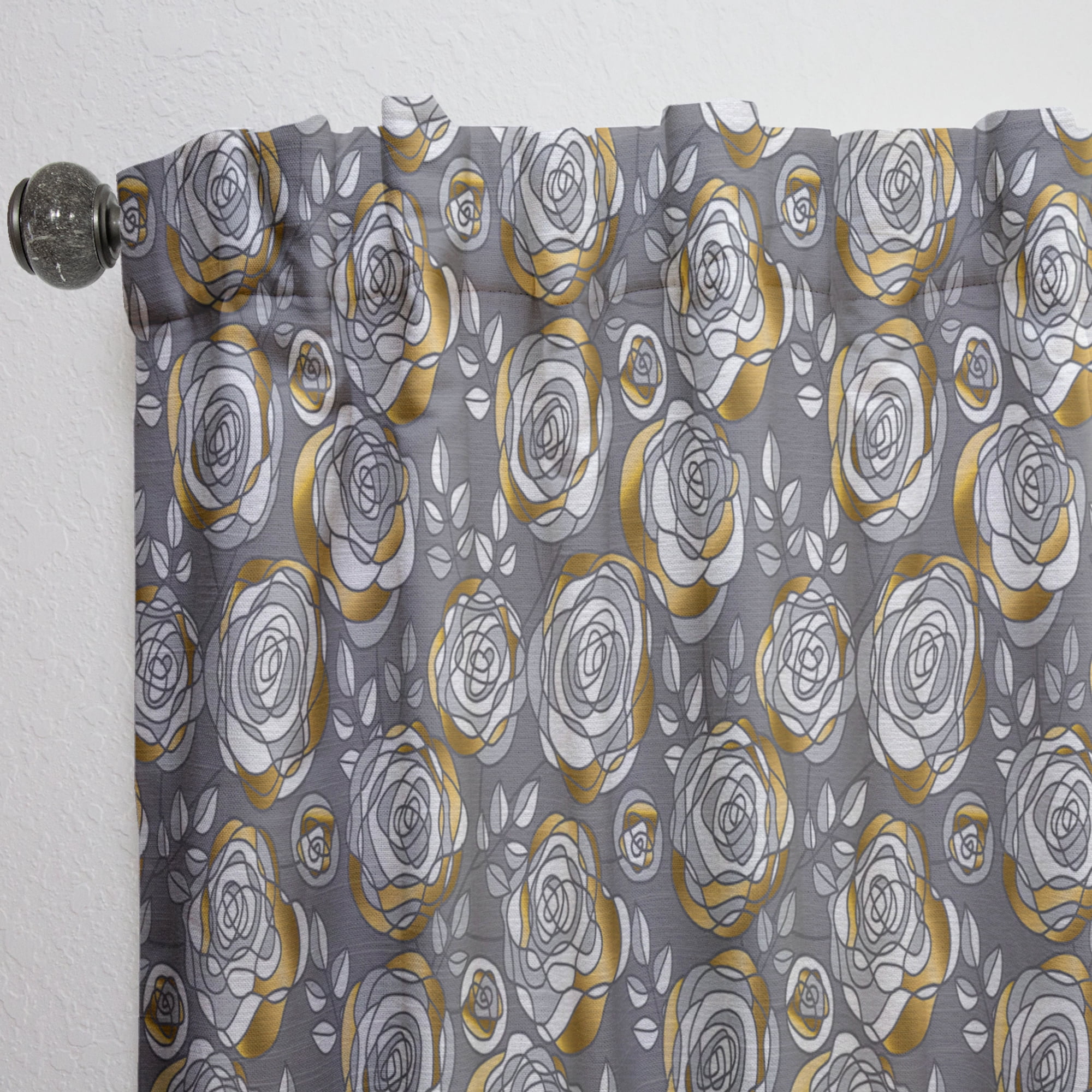Designart 'Golden Rose Flowers On Gray' Mid-Century Modern Curtain Panel