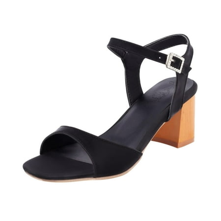 

SEMIMAY Ladies Fashion Solid Color Leather Open Toe Rhinestone Buckle High Heel Sandals