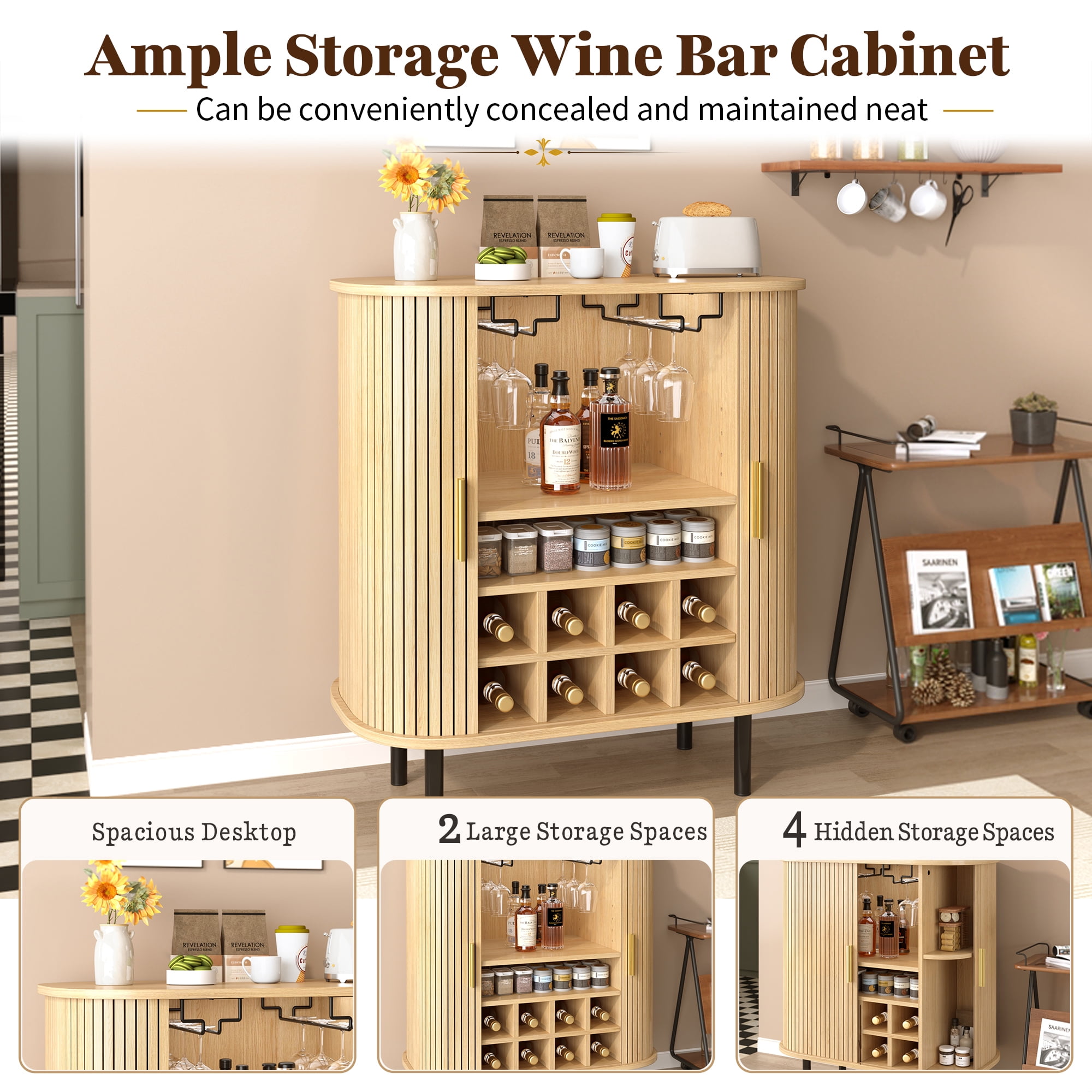 Mintazer 28" Modern Wine Bar Cabinet with Fluted Doors & Drawer, Storage Cabinet with 6 Wine Racks and 3 Glass Holders for Kitchen Living Room, Natural