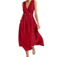 thumbnail image 2 of Robes Boho Élégantes Robe Maxi en Lin pour Femme Sans Manches à Col en V à Double Boutonnage Fluide Décontractée Taille Haute Évasée Robe d'Été avec Poches Rouge TTG, 2 of 5