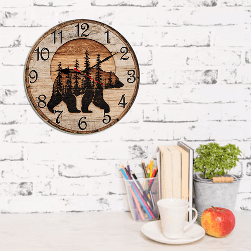 Kurmntregon Cabin Bear Wall Clock Black Bear Wildlife Forest Mountain Lodge Wooden For Kitchen Bathroom Silent Non Ticking Decorative Clock Battery Operated Home Office Living Room Decor Round 10"