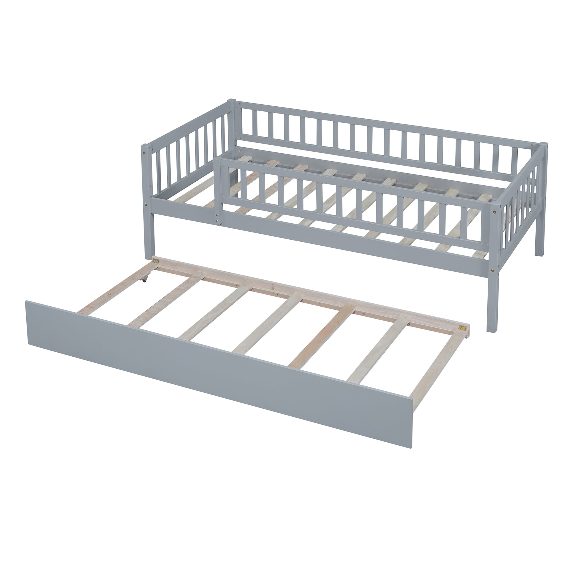 Holaki Twin Size Wood Bed with Trundle and Guardrails for Kids, Gray