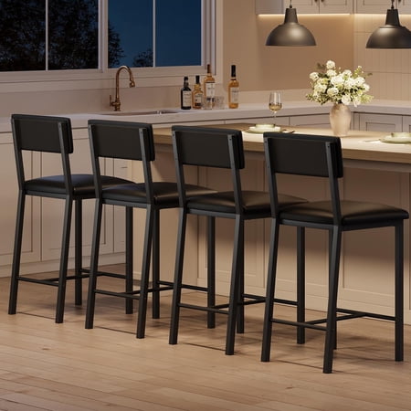 Home Bar Stools Set of 4, PU Leather Counter Height Bar Stools with Backrest and Footrest,Tall Bar Stool with Thick Cushion, for Dining Room, Apartment Counter Bar, Island