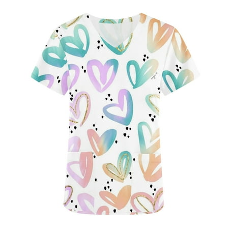 

LWZWM Valentine s Day Scrub Tops for Women Sweet Heart Print Medical Uniform Short Sleeve V-Neck Tops Working Uniform Valentine s Day With Pocket Blouse White XL