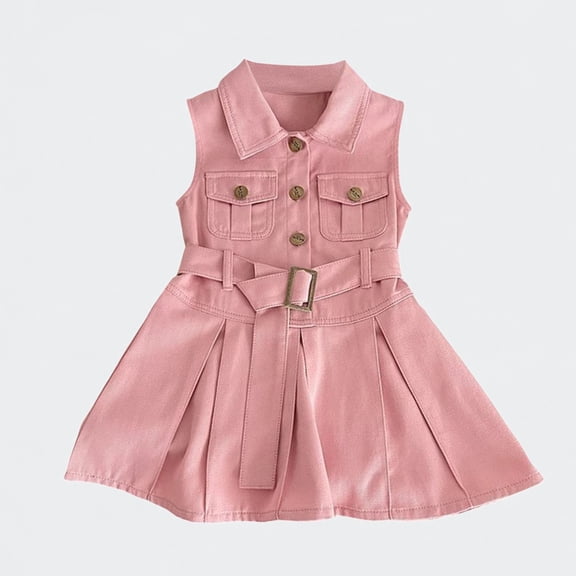 Ticikt Girls Sleeveless Denim Dress, Cargo Pocket Belted Shirt Dress Casual Tank Dress for Toddler 1-7Y,Pink