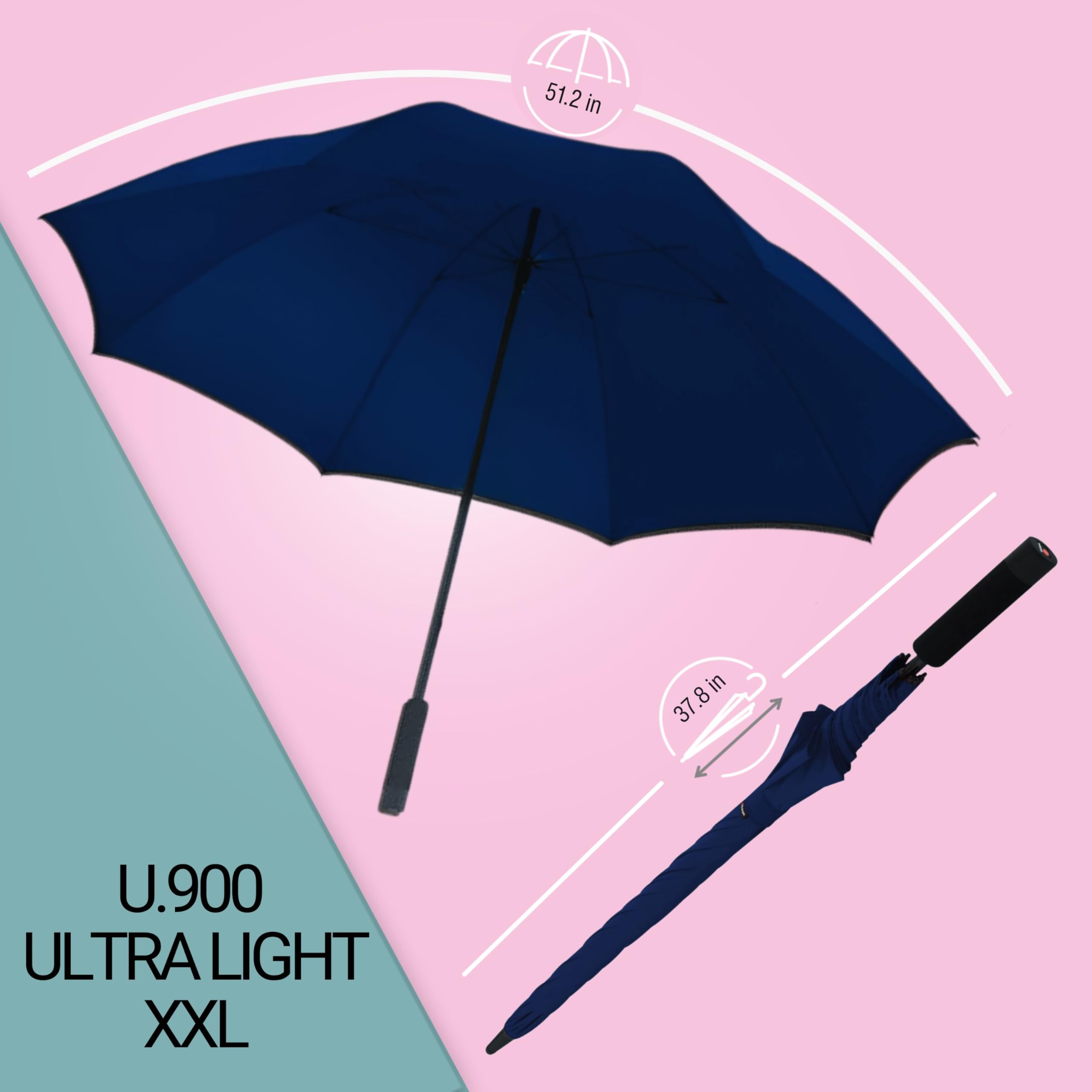 Knirps U.900 Ultra Light XXL Manual Open Close 52in Rain Umbrella in Navy – Large Quick Dry Double Canopy, Weighs 9oz, Windproof Up to 75mph - Durable Aluminum Carbon Frame & Non Slip Handle